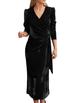 Naiste s Klassikaline V-Kaeluse Midi Kleit koos Ruched Piht ja Põletatud Äärisejoon Elegantne Slim Fit Pliiats Wrap Kleit Õhtul