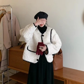 Elegantne Lamba Villast Mantlit Naiste Korea Kärbitud Kohev Jope Office Lady Magus Ühe Karavan Karvane Lühike Outwear Sügis Talv