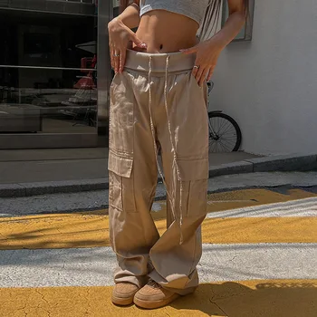 Hip-Hop Streetwear Cargo Püksid Naiste Multi Taskud Ruffled Värvel Pingutusnöör Kottis Vabaaja Pikad Püksid Y2k Püksid