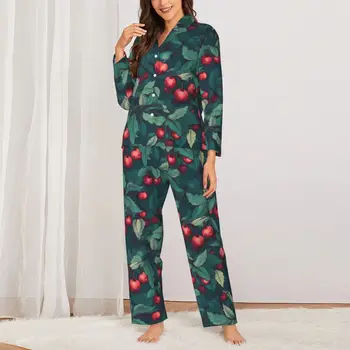 Kirsid Prindi Pajama Komplekti Rohelised Lehed Prindi Kawaii Sleepwear Naiste Pikkade Varrukatega Vabaaja Iga Päev 2 Tööd Nightwear Suured