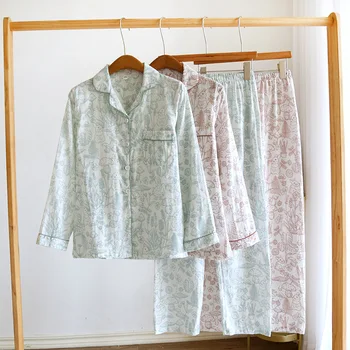 2023 Uus Suvine Õhuke Sleepwear Naiste Pika Varrukaga Puuvillane Pidžaama Komplekt Sügisel Homewear Naine Cartoon Trükitud Nightwear Kodu Ülikond