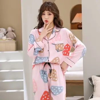 Kevadel ja Sügisel Puuvillane Pidžaama Komplekt Lihtne Lahti Homewear Pijama Mujer Naiste Leopardi Dot Print Nightgowns Pikad Varrukad Komplekt