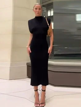 Elegantne Must Naised Sõidavad Varruka Bodycon Midi Kleit Mood Seista Krae Split Tahke Kleidid 2023 Office Lady Sõitmisest Riideid
