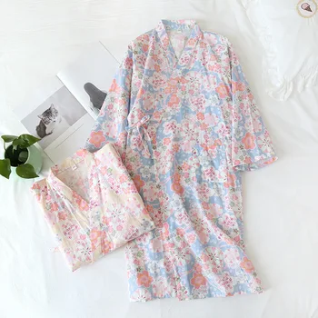 Jaapani kimono kevadel ja suvel uus stiil, nightgowns daamid 100% puuvill kolmveerand varrukad hommikumantel home service naiste roosa
