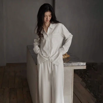 Triibuline Naiste Pidžaama Komplekt Kevadel ja Sügisel korea Fashion Uus Puuvillane Pikkade varrukatega Pikad Püksid Lahti Vabaaja Sleepwear Homewear