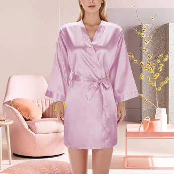 Naiste Värviga Kerge Hommikumantel Pulm Kleit, Pruutneitsi Kleit Satiinist Kimono Pidžaama Õhuke Rüü Taskud Kimono Yukata Nightgowns