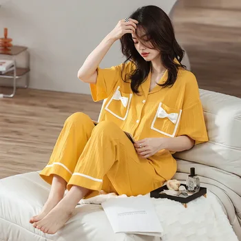 Kevad-Sügis Kollane Puuvillane Pidžaama Komplekti Naiste Lühikesed Varrukad Ja Püksid Sleepwear Pyjama Kodus Kandma Nightwear
