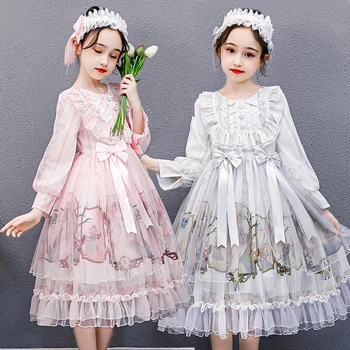 4-13 Aasta Kevadel Lolita Tüdrukud Dress Triip Trükkimine Vibu Kaunistada Cartoon Muster Net Lõng Pool Kohandatud Lapsed Printsess Kleit