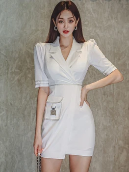 Korea Fashion Suvel Valge Ametlik Lühike Ühes Tükis Kleit Naiste Riided Elegantne Päris Stiilne Lühike Varrukas, Slim Mini Mujer Vestidos
