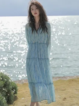 2023 prantsuse Naised-line Puhkus Kleit Õie Printida Elegantne Naiste Pikad Varrukad Riided Lady Vintage V-kaeluse Vestidos Sinine Rüü