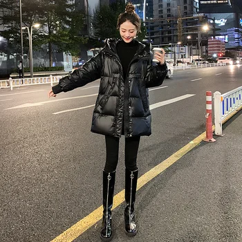 Winter Fashion Korea Naised Alla Mantel Must Läikiv Nägu Keskel LengthThickened 90% Valge Part Alla Mantel Casual Kapuutsiga Lahti Overcoat