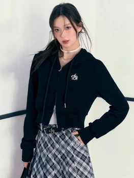HOUZHOU korea Casual Fashion Streetwear Topp Naiste Preppy Stiilis Kirja Tikandid Tahke Minimalistlik Lukuga Kapuutsiga Dressipluus